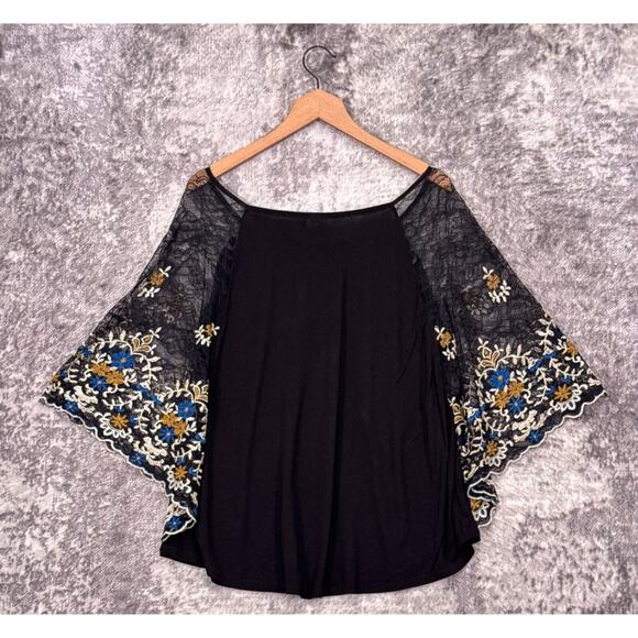 Anthropologie Blouse Medium Womens Akemi Kin Black Batwing Lace Floral Embroider - Picture 3 of 8